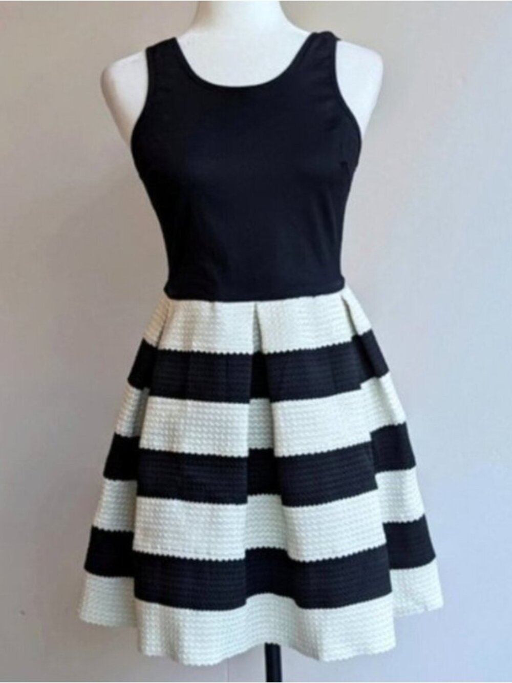 L'atiste by Amy textured pleated black & white striped colourblock a-line Dress